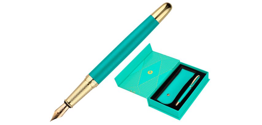 Pluma y estuche belius soiree color art deco turquesa dorado tinta azul caja de diseño