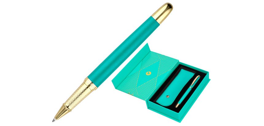 Boligrafo y estuche belius soiree color art deco turquesa y dorado tinta azul caja de diseño