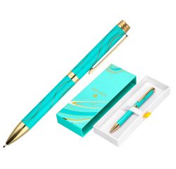 Boligrafo belius aqua aluminio color turquesa y dorado tinta azul caja de diseño