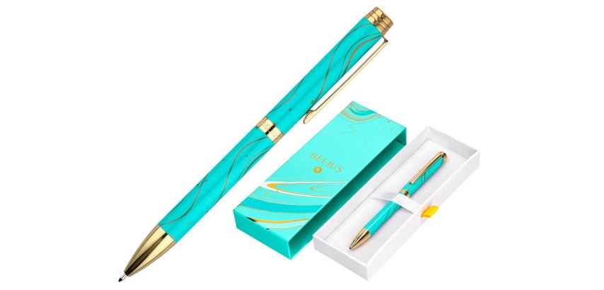 Boligrafo belius aqua aluminio color turquesa y dorado tinta azul caja de diseño