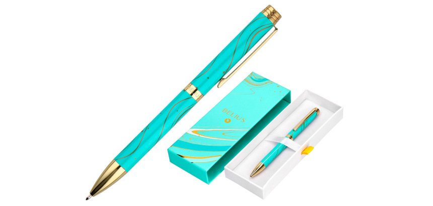 Boligrafo belius aqua aluminio color turquesa y dorado tinta azul caja de diseño