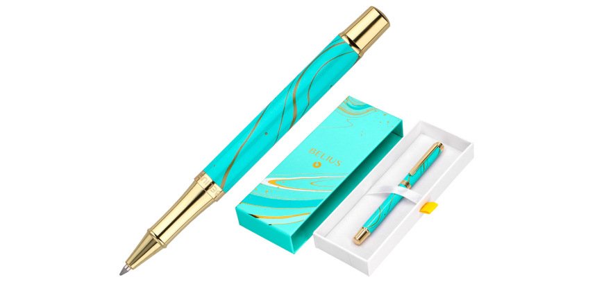 Roller belius aqua aluminio color turquesa y dorado tinta negra caja de diseño