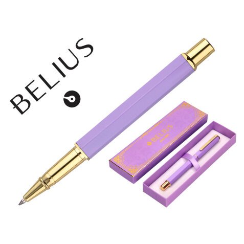 Boligrafo belius macaron bliss forma hexagonal color morado y dorado tinta azul caja de diseño