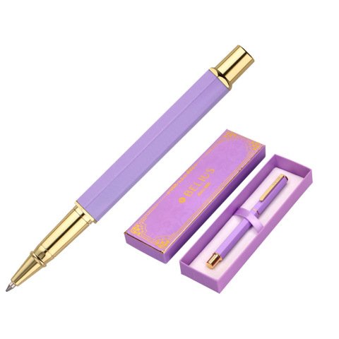 Boligrafo belius macaron bliss forma hexagonal color morado y dorado tinta azul caja de diseño