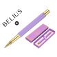 Boligrafo belius macaron bliss forma hexagonal color morado y dorado tinta azul caja de diseño