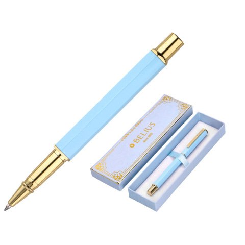 Boligrafo belius macaron bliss forma hexagonal color celeste y dorado tinta azul caja de diseño