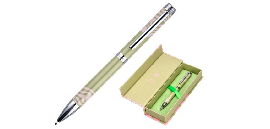 Boligrafo belius ink dreams aluminio color verde matcha y rosa plateado frase interior tinta azul caja de diseño