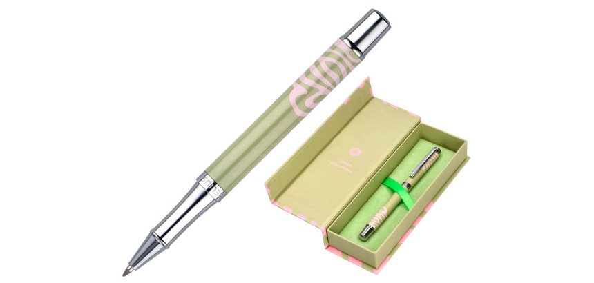 Roller belius ink dreams aluminio color verde matcha y rosa plateado frase interior tinta negra caja de diseño
