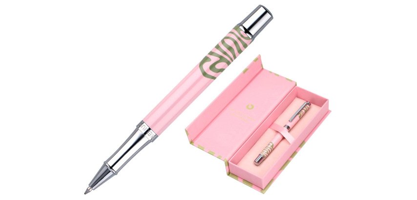 Roller belius ink dreams aluminio color rosa y verde matcha plateado frase interior tinta negra caja de diseño