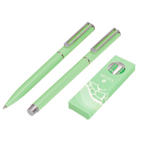 Juego boligrafo y roller belius endless summer aluminio color verde y plateado tinta azul caja de diseño