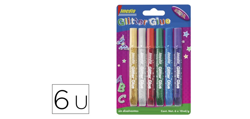 Pegamento imedio glitter glue original para manualidades 10ml blister de 6 unidades colores surtidos