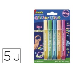 Pegamento imedio glitter glue brilla en la oscuridad para manualidades 10 ml blister de 5 unidades colores surtidos