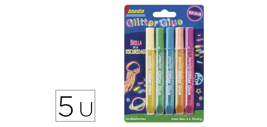 Pegamento imedio glitter glue brilla en la oscuridad para manualidades 10 ml blister de 5 unidades colores surtidos