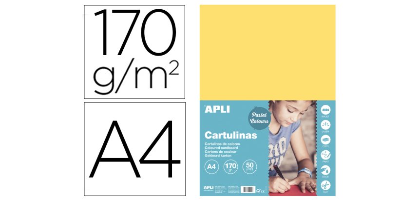 Cartulina apli din a4 170g/m2 amarillo claro paquete de 50 hojas