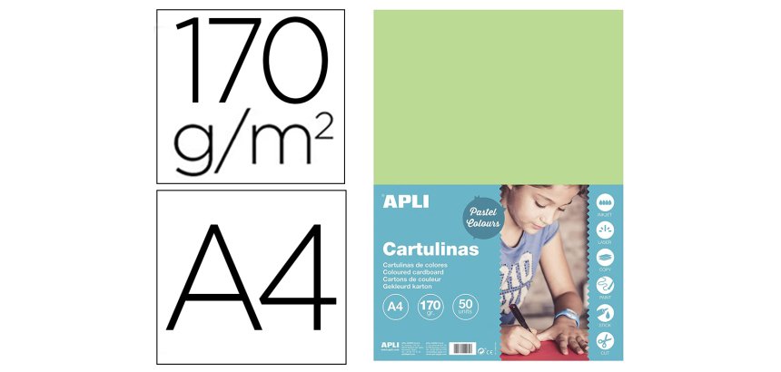 Cartulina apli din a4 170g/m2 verde claro paquete de 50 hojas