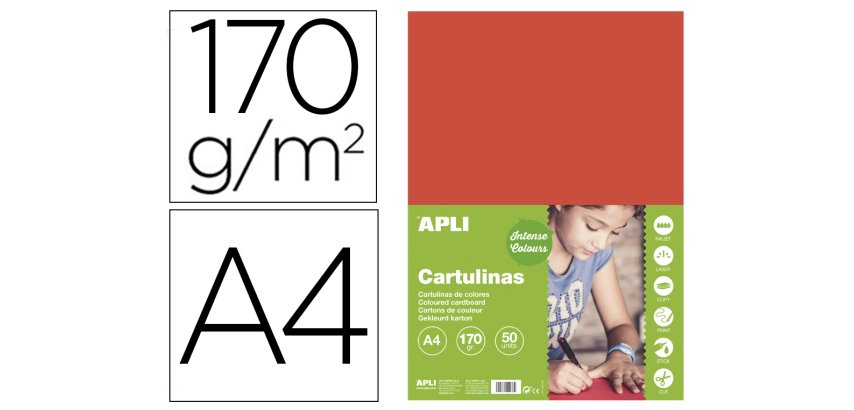 Cartulina apli din a4 170g/m2 rojo paquete de 50 hojas