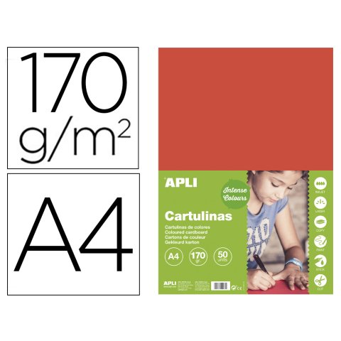 Cartulina apli din a4 170g/m2 rojo paquete de 50 hojas
