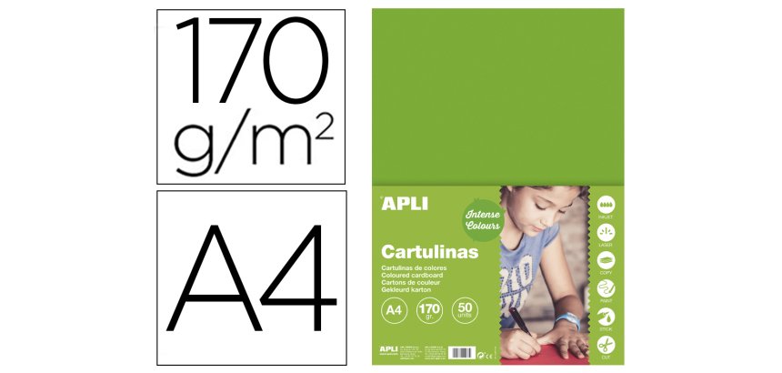 Cartulina apli din a4 170g/m2 verde hierba paquete de 50 hojas