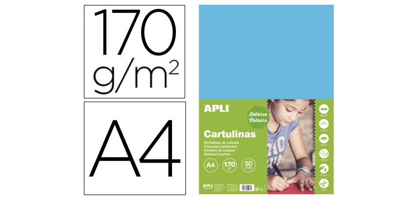 Cartulina apli din a4 170g/m2 azul cielo paquete de 50 hojas