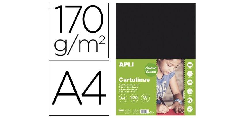 Cartulina apli din a4 170g/m2 negro paquete de 50 hojas