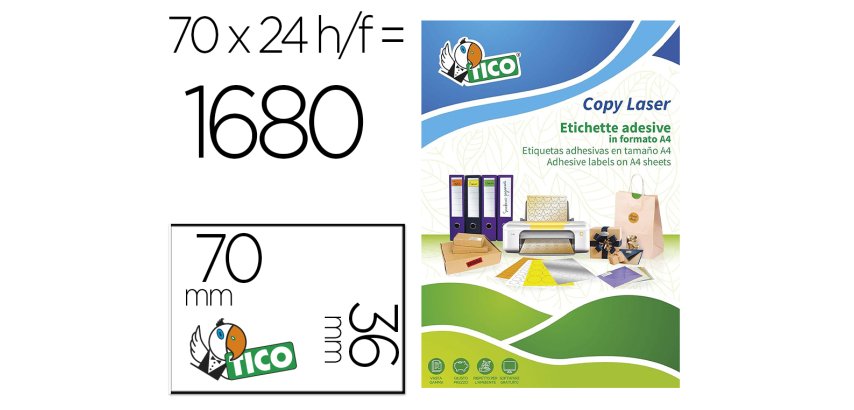 Etiqueta adhesiva Tico amarillo fluorescente permanente laser/inkjet/fotocopia 70 x 36 mm - Caja de 1680 unidades