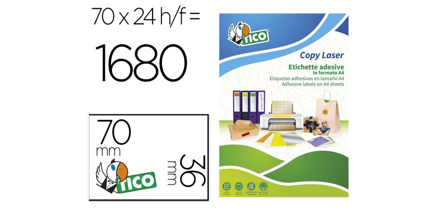 Etiquetas adhesivas Tico naranja fluorescente permanente láser / inkjet / fotocopia 70 x 36 mm - Caja de 1680 unidades