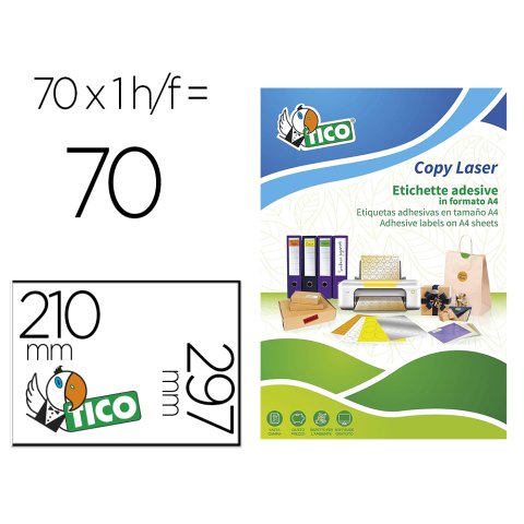 Etiqueta adhesiva Tico amarillo fluorescentes permanente laser/inkjet/fotocopia 210 x 297mm - Caja de 70 unidades
