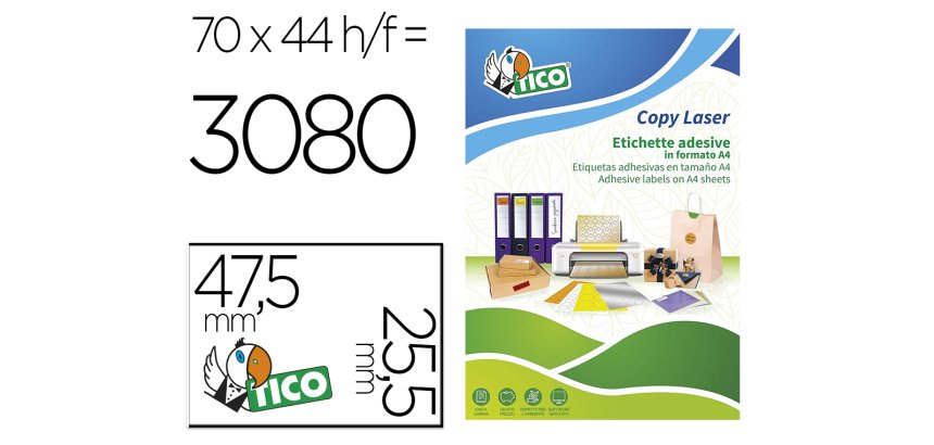 Etiqueta adhesiva Tico amarillo fluorescentes permanente laser/inkjet/fotocopia 47,5 x 25,5 mm caja de 3080 unidades