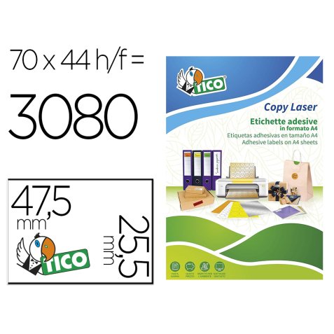 Etiqueta adhesiva tico amarill o fluorescentes permanente fsclaser/inkjet/fotocopia 47,5x25,5 mm caja de 3080 unidades