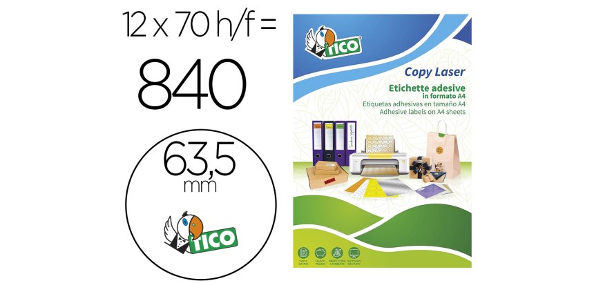 Etiqueta adhesiva Tico amarillo fluorescente permanente laser / inkjet / fotocopia redonda 63,5 mm - Caja de 840 unidades