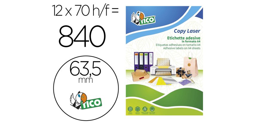Etiqueta adhesiva Tico verde fluorescente permanente laser / inkjet / fotocopia redonda 63,5 mm - Caja de 840 unidades