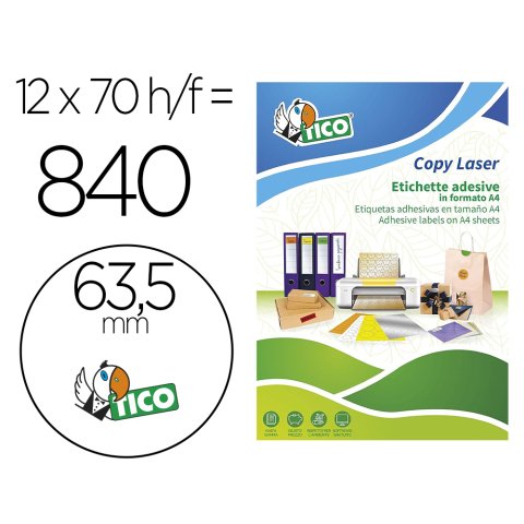 Etiqueta adhesiva Tico verde fluorescente permanente laser / inkjet / fotocopia redonda 63,5 mm - Caja de 840 unidades