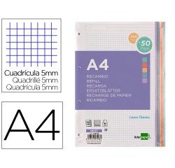 Recambio liderpapel a4 200+50 hojas 90g/m2 cuadro 5mm 4 taladros bandas de 5 colores