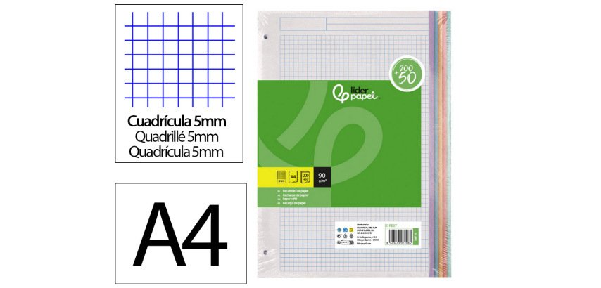 Recambio liderpapel a4 200+50 hojas 90gr cuadro 5mm 4 taladros bandas de 5 colores
