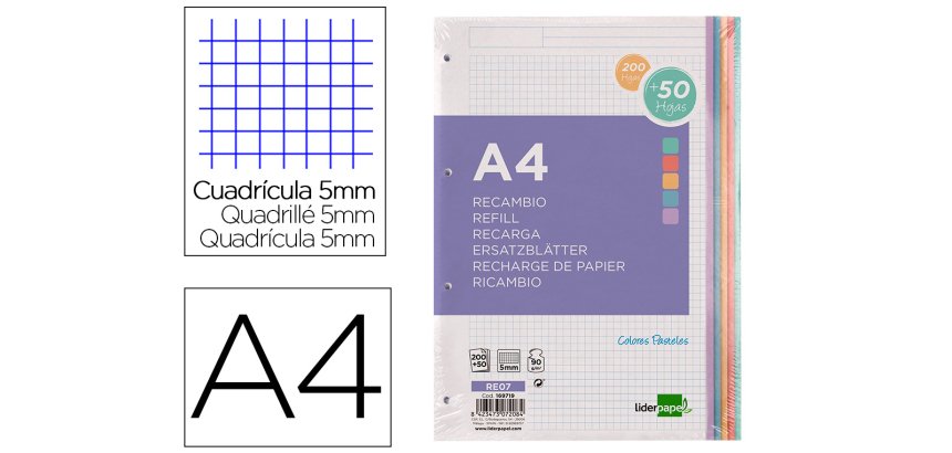 Recambio liderpapel a4 200+50 hojas 90gr cuadro 5mm 4 taladros bandas de 5 colores