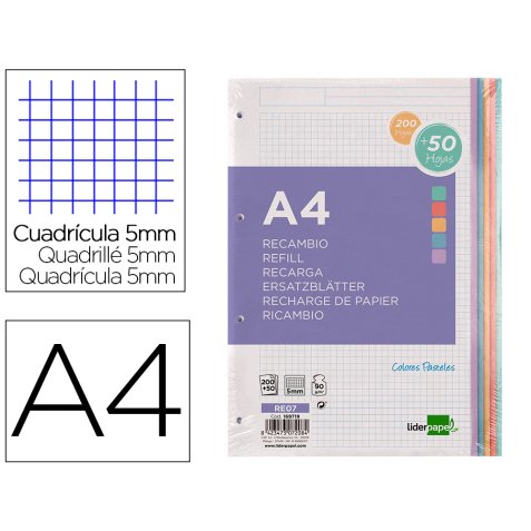 Recambio liderpapel a4 200+50 hojas 90g/m2 cuadro 5mm 4 taladros bandas de 5 colores