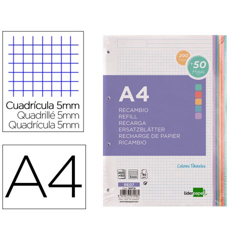 Recambio liderpapel a4 200+50 hojas 90gr cuadro 5mm 4 taladros bandas de 5 colores