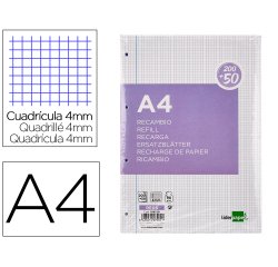 Recambio liderpapel a4 200+50 hojas 90g/m2 cuadro 4mm con margen 4 taladros