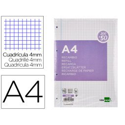 Recambio liderpapel a4 200+50 hojas 90g/m2 cuadro 4 mm con margen 4 taladros