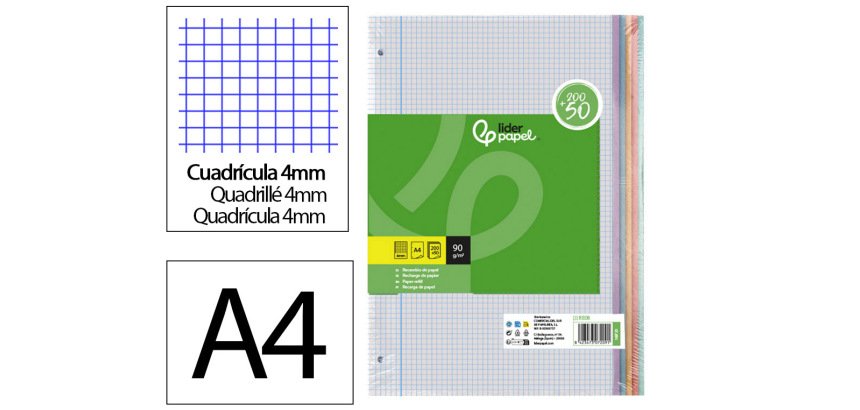 Recambio liderpapel a4 200+50 hojas 90gr cuadro 4mm con margen 4 taladros
