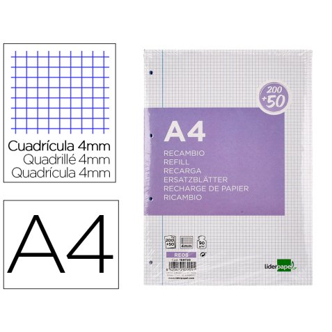 Recambio liderpapel a4 200+50 hojas 90g/m2 cuadro 4mm con margen 4 taladros