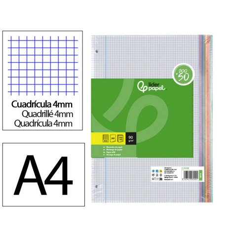 Recambio liderpapel a4 200+50 hojas 90gr cuadro 4mm con margen 4 taladros