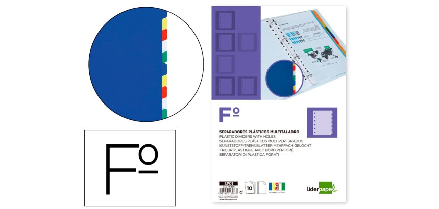Separador liderpapel plastico juego de 10 separadores folio 16 taladros