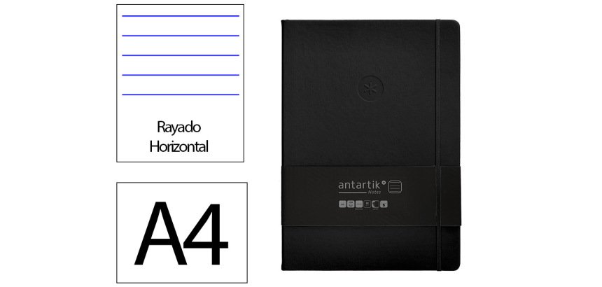 Cuaderno con gomilla antartik notes tapa dura a4 hojas rayas negro 100 hojas 80 g