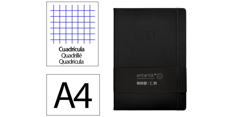 Cuaderno con gomilla Antartik notes tapa dura A4 hojas cuadricula negro 100 hojas 80 g