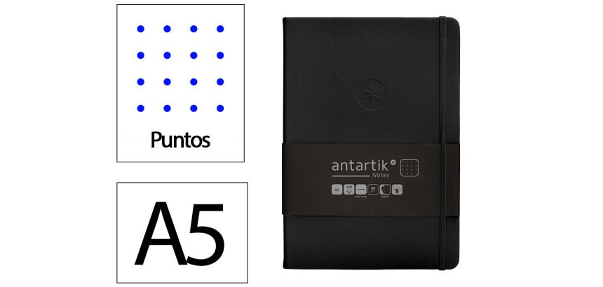 Cuaderno con gomilla Antartik notes tapa dura A5 hojas puntos negro 100 hojas 80 g