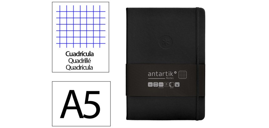 Cuaderno con gomilla Antartik notes tapa dura A5 hojas cuadricula negro 100 hojas 80 g