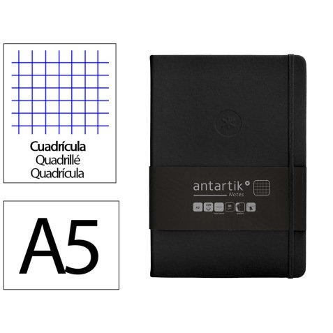 Cuaderno con gomilla antartik notes tapa dura a5 hojas cuadricula negro 100 hojas 80 gr fsc