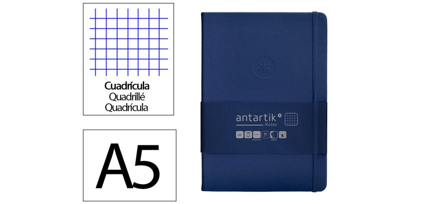 Cuaderno con gomilla Antartik notes tapa dura A5 hojas cuadricula azul marino 100 hojas 80 g