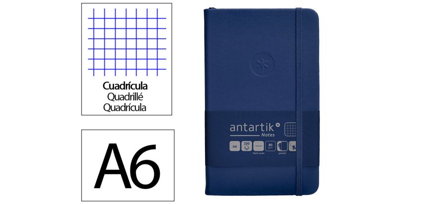Cuaderno con gomilla Antartik notes tapa dura A6 hojas cuadricula azul marino 100 hojas 80 g